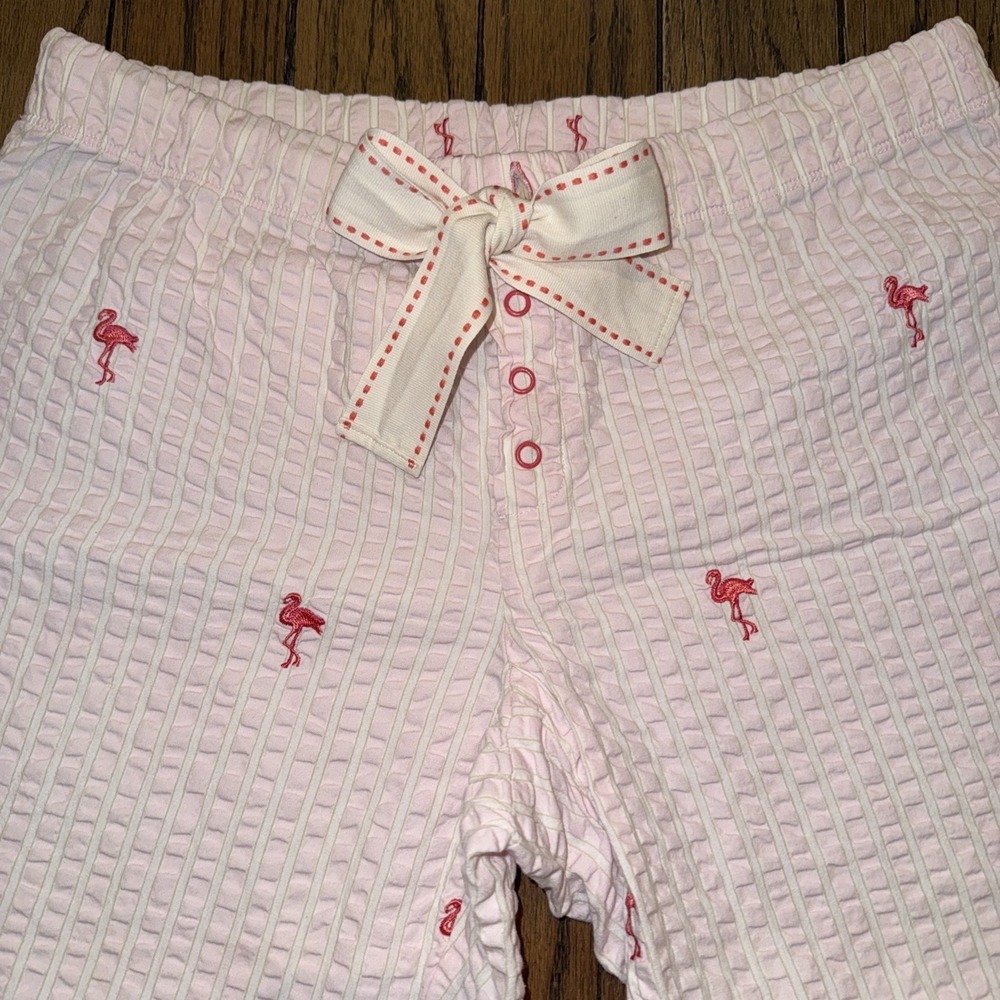 Gap Body Pink Seersucker Flamingo Lounge Pants Sleep Pajama Crop 23" Small Snap